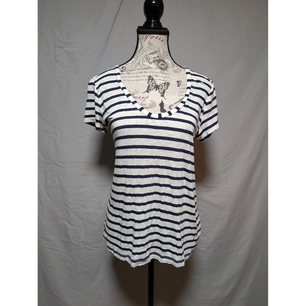 Splendid Women's Navy White Striped‎ Scoop Neck Cotton T-Shirt Size Medium